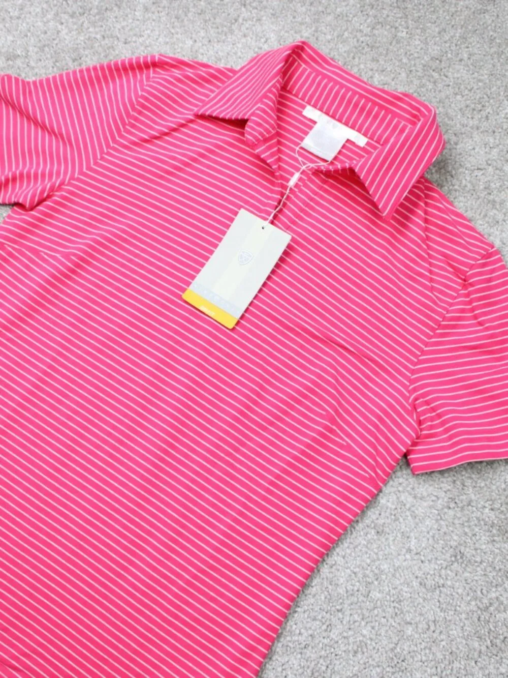 Nike Polo Shirt NWT Womens Medium Pink/White Striped Dri-Fit Golf Short Sleeve